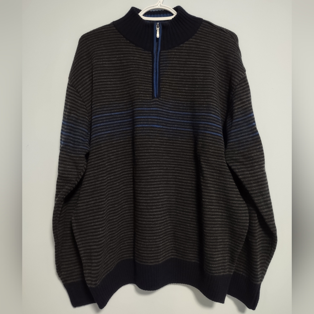 Pronto Uomo Mens Sweater XL Gray And Blue 1/4 Zip Preppy Stripes